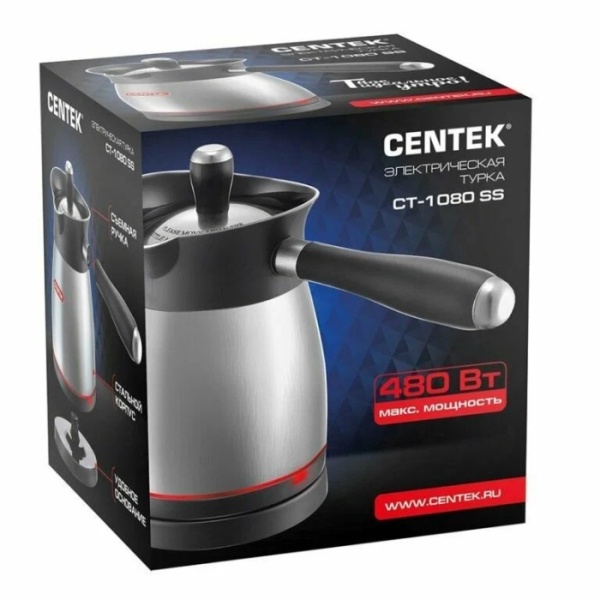3. Электрическая турка Centek CT-1080 SS(металл) 0.5л, 1000Вт, нерж.сталь, съемная мягкая ручка, крышка