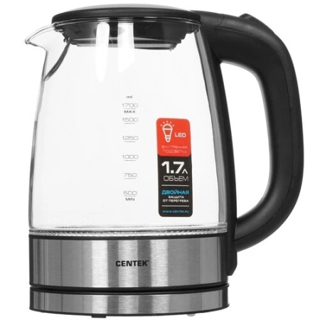 1. Чайник Centek CT-0030 стекло 1.7л, 2200Вт, внутр. LED подсветка,защита от вкл б-воды