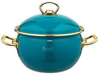 Кастрюля RASHEL PREMIUM R1418 3л, эмаль, эмал.крышка, ручки золото, бирюзовый, индукция