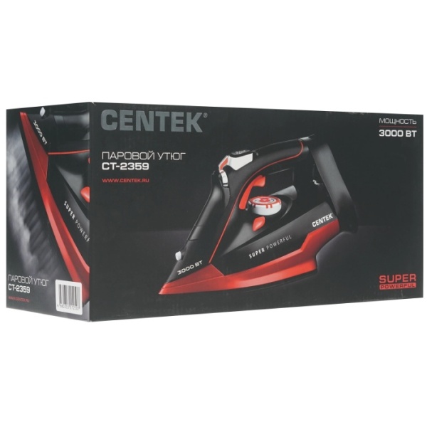 5. Утюг Centek CT-2359 RED 3000Вт, керамическ подошва, 320мл, паровой удар, самоочистка, защ протекания