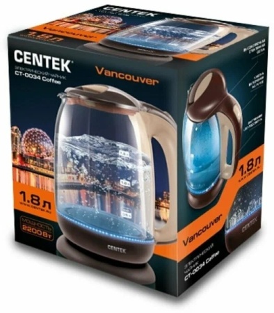 5. Чайник Centek CT-0034  стекло, 1.8л, 2200Вт, внутренняя LED подсветка, кнопка