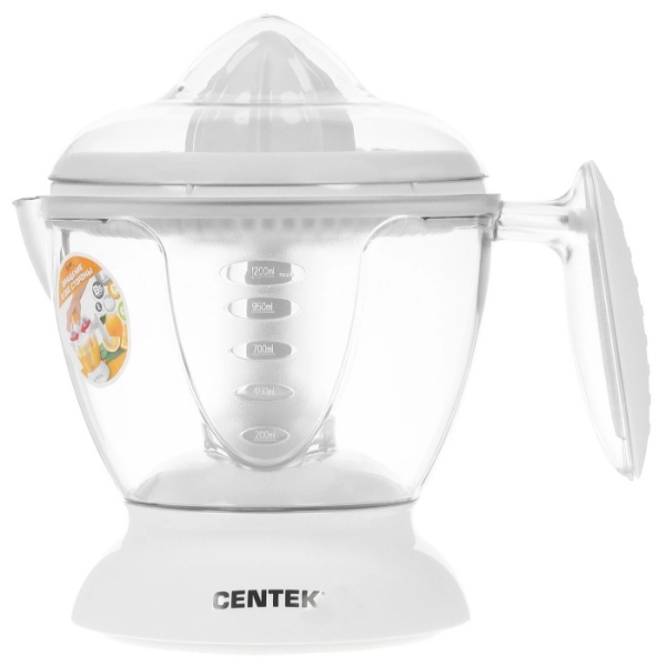 1. Соковыжималка для цитрусовых Centek CT-1230, 1,2 л, 40 Вт,прозрачный корпус,съёмный кувшин,2 насадки