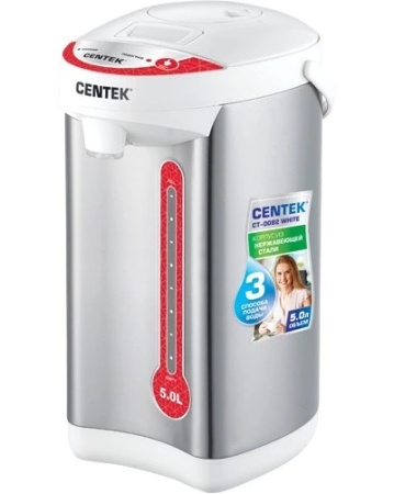 1. Термопот Centek CT-0082 White (бел), 5л, 750Вт, 3 способа подачи воды, корпус из нержавеющей стали